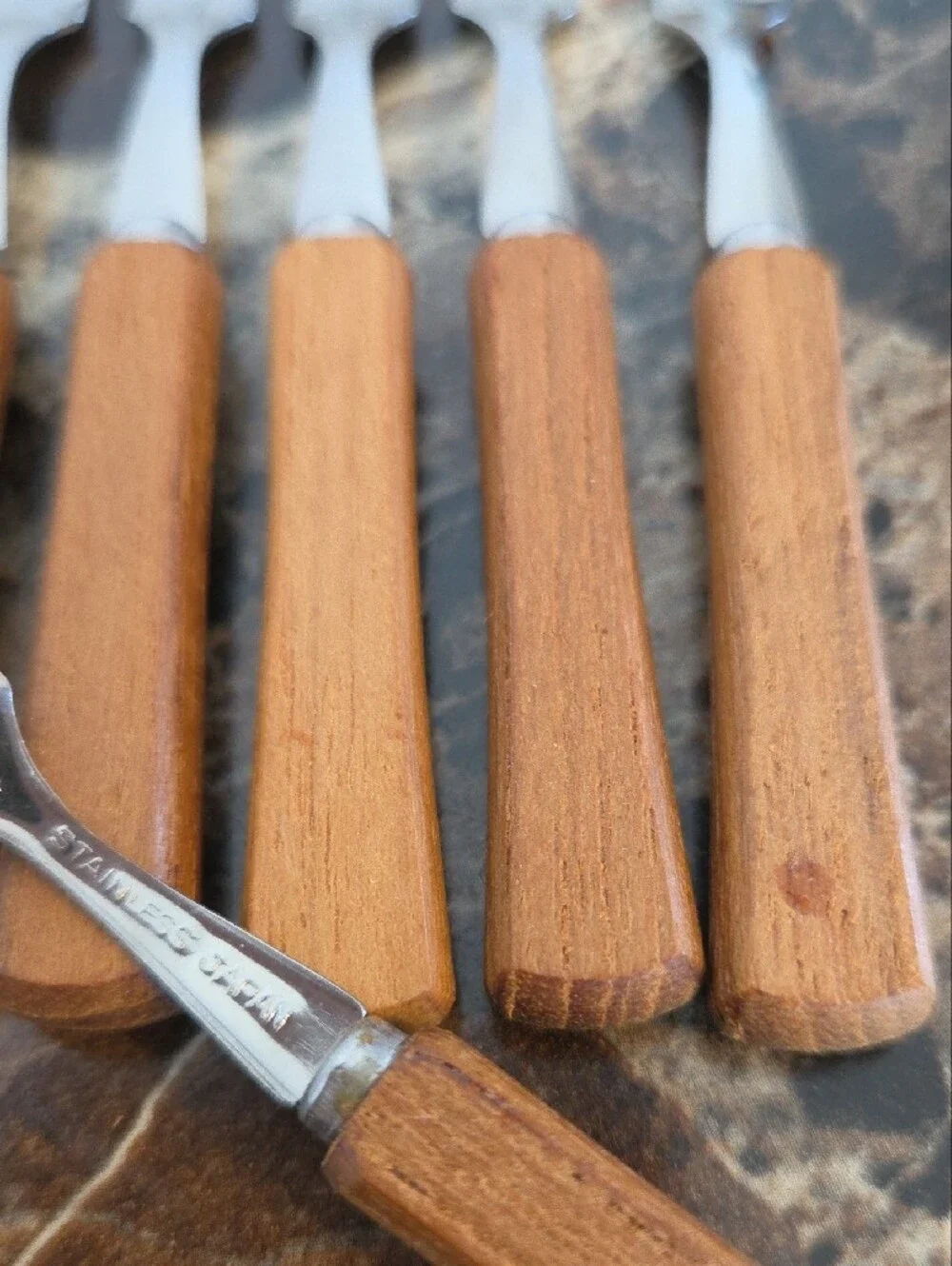 ​Vintage MCM Teak Wood Cocktail Appetizer Forks Set of 6 Stainless Japan Boxed